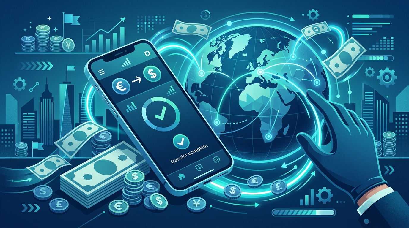International money transfer app on a smartphone with a connected globe
