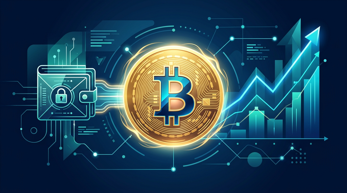 Bitcoin coin, secure crypto wallet and a rising price chart