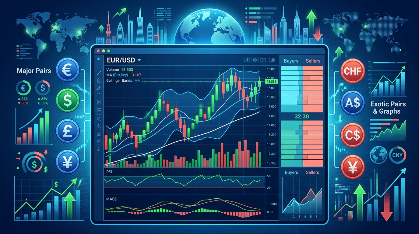 Forex trading candlestick chart with world currency symbols