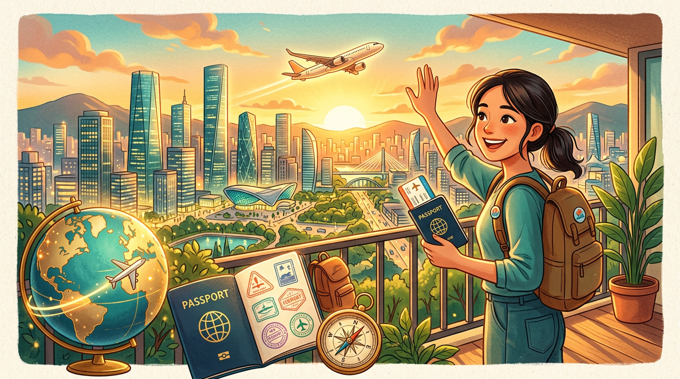 Passport, airplane and city skyline representing working abroad