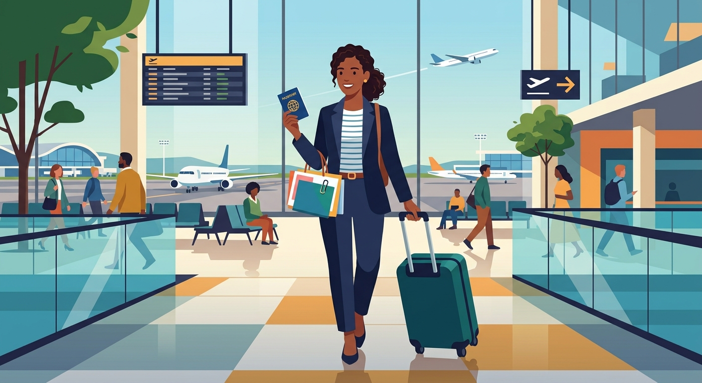 Passport, airplane and city skyline representing working abroad