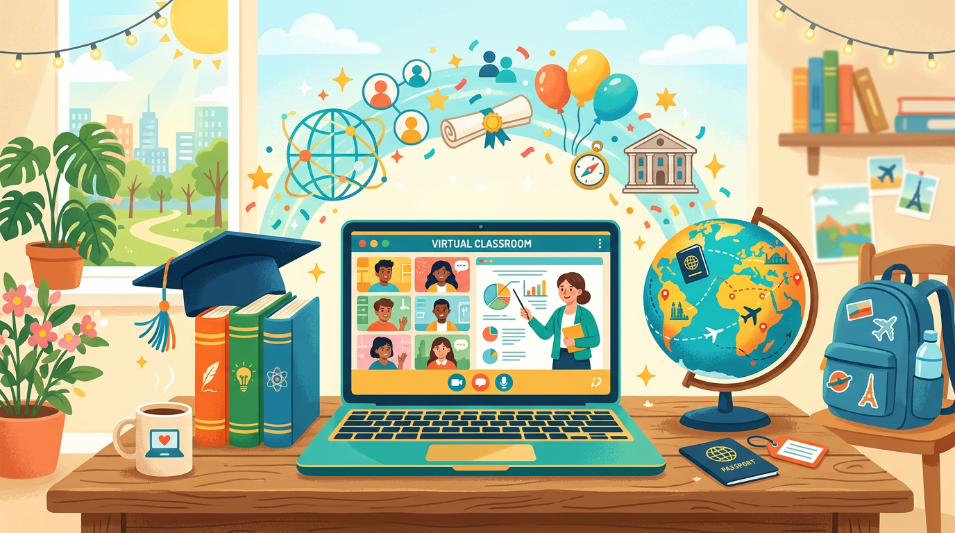 Graduation cap and laptop showing online study abroad