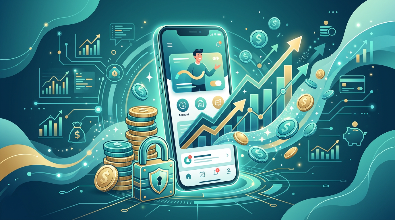 Mobile banking app with savings growth and secure padlock