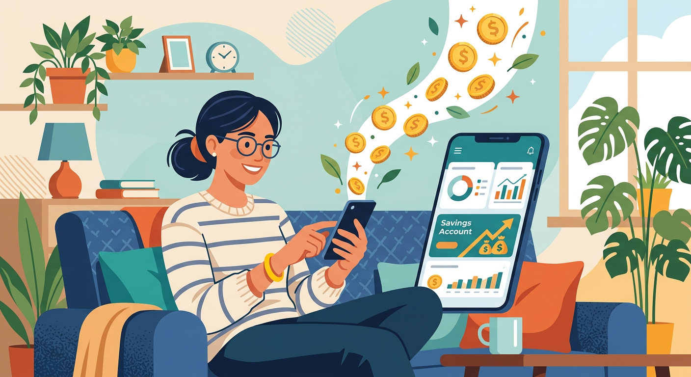 Mobile banking app with savings growth and secure padlock