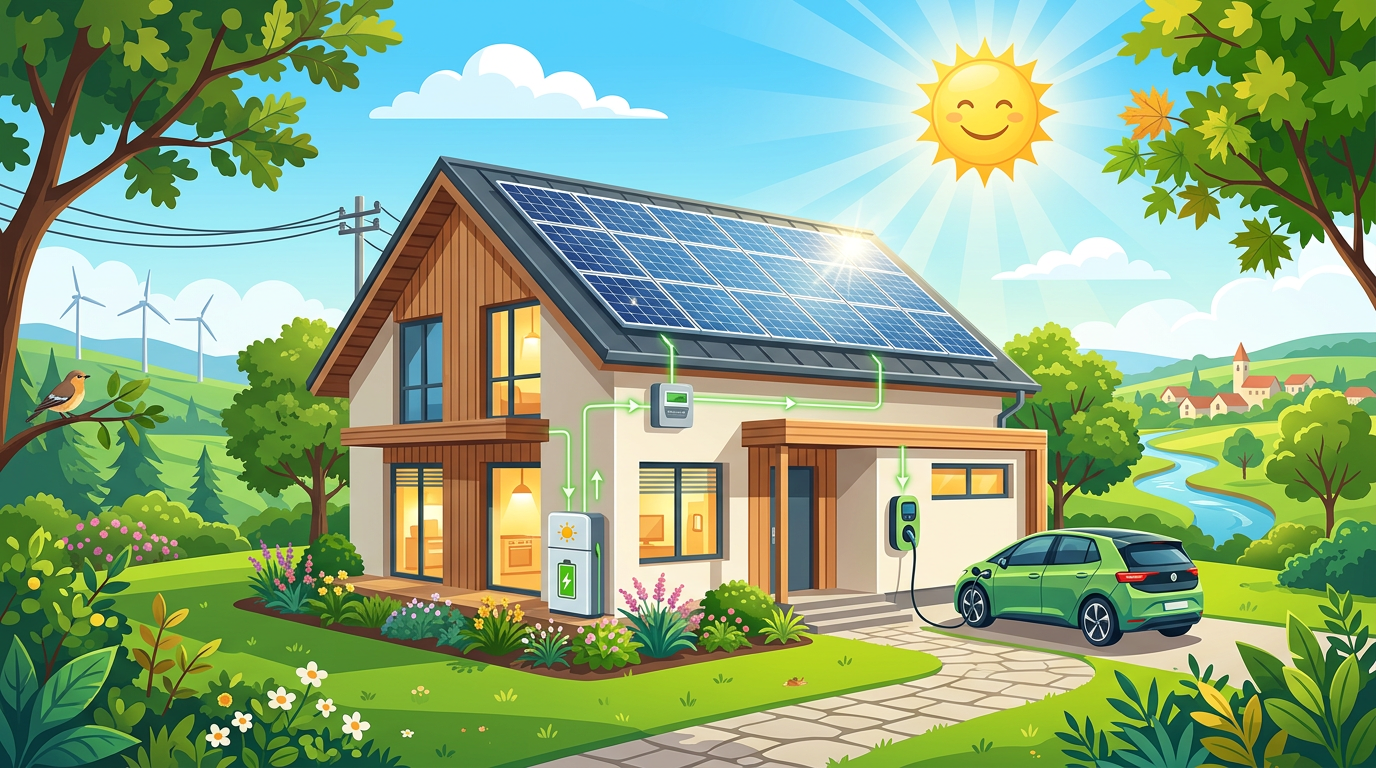 Modern house with rooftop solar panels under the sun
